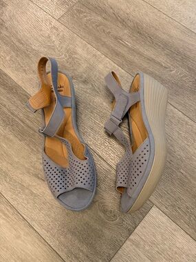 Clarks Women’s Perforated Slingback Wedge Sandals - Gray Blue
